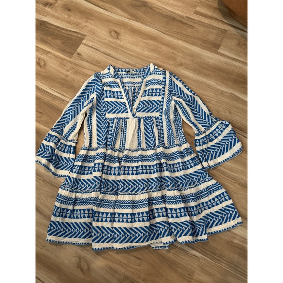 Devotion Twins Ella Santorini Dress Blue White Embroidered Tiered Cotton S d1 - Picture 2 of 8